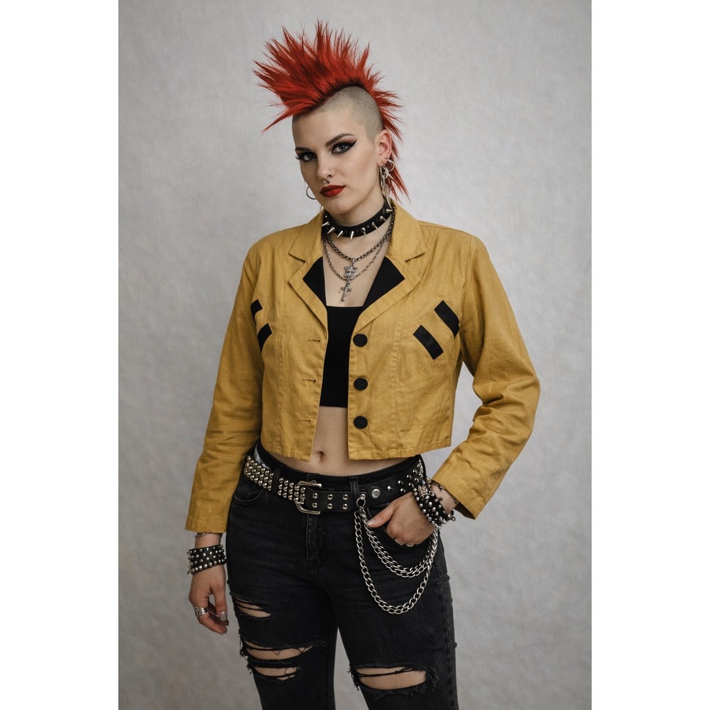 Vintage Nok Nok Mustard Yellow Cropped Blazer Ramie Cotton Punk 80s Jacket 7